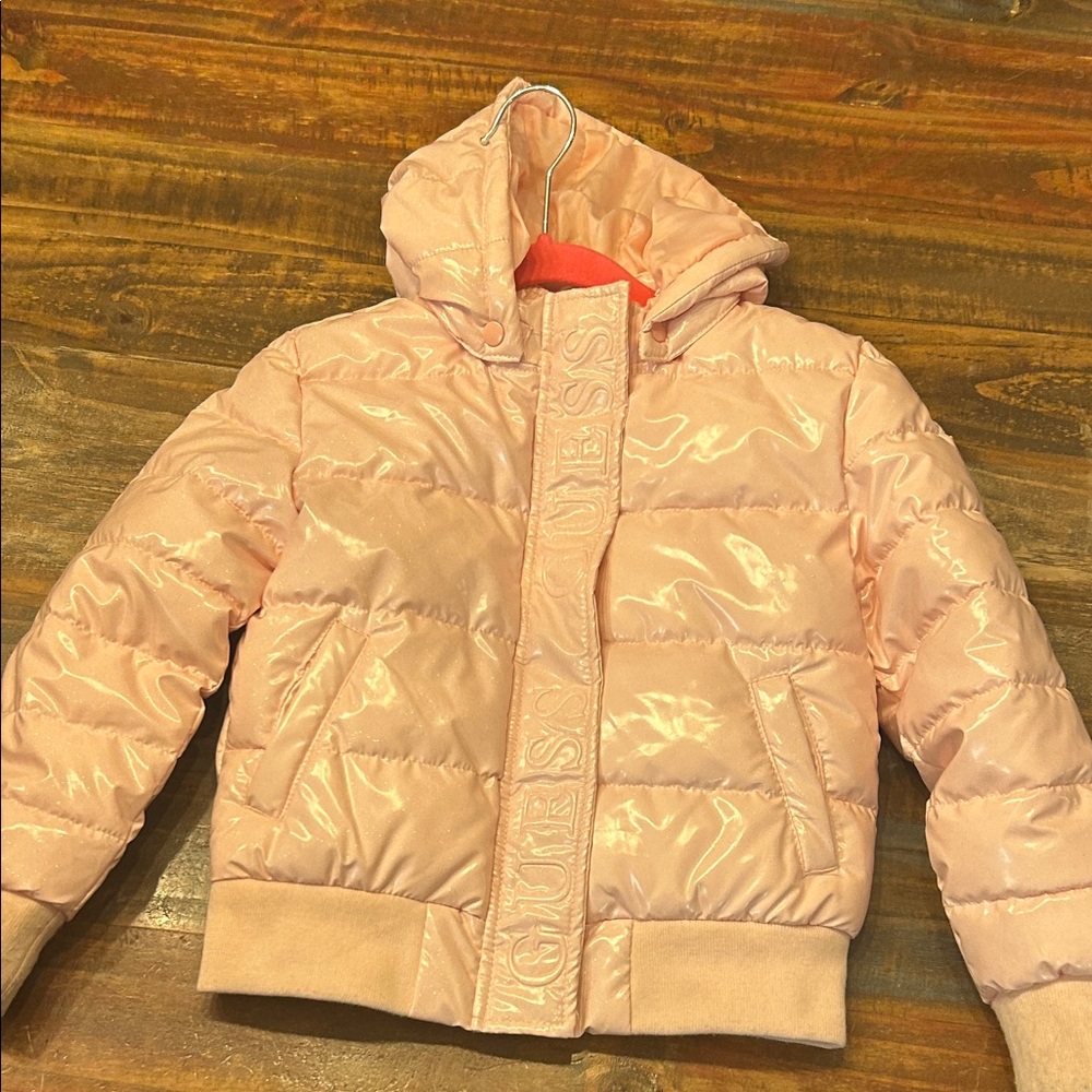 Guess Shiny Light Pink Puffer Jacket for Kids